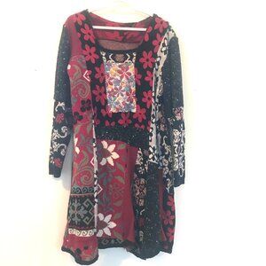 wool jersey jaquard tunic/dress women's M patchwork midi boho artto wear Retro